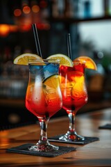 Two colorful cocktails with ice, garnished with lemon and orange slices, served in elegant glasses on a wooden bar counter