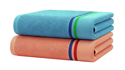 Stacked Bath Towels: Blue and Coral with Striped Edges