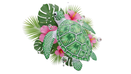 Green Sea Turtle with Tropical Flowers and Bubbles