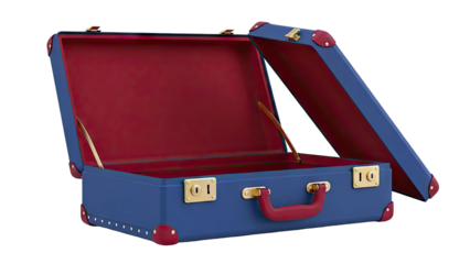 Open vintage suitcase with blue exterior and red interior