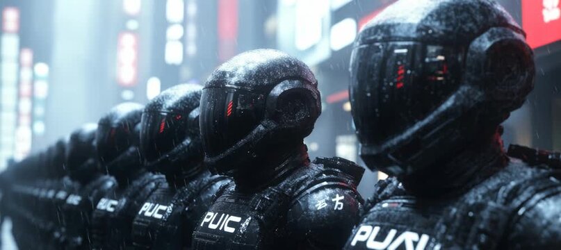 Cyberpunk police army with futuristic helmet style on city rain. Generative video AI technology.