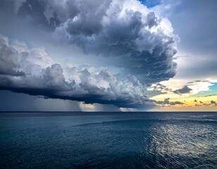 A dramatic cloudscape looms over a vast ocean, with dark rain cascading towards the water under a dramatic sky