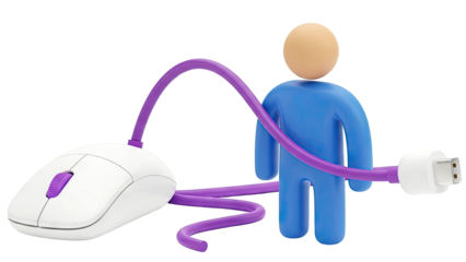 3D Blue Man connected to Computer Mouse with Purple Cable and USB