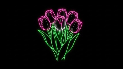 Vibrant neon tulips glowing brightly in dark