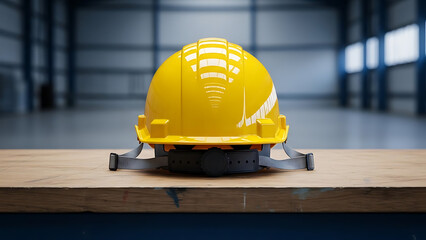 Yellow hard hat on wooden workbench in industrial warehouse setting with metal beams - Ai Generated
