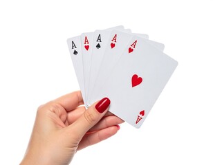 Obraz premium A close-up shot of a hand holding a five-card poker hand, all aces. The hand is manicured, with a clean, white background