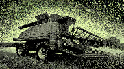 A combine harvester working in the agricultural field, with monochrome tones and a vintage aesthetic