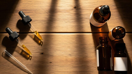 Aromatic essential oil bottles and pipettes on wooden table with warm sunlight and shadows for wellness and relaxation - Ai Generated
