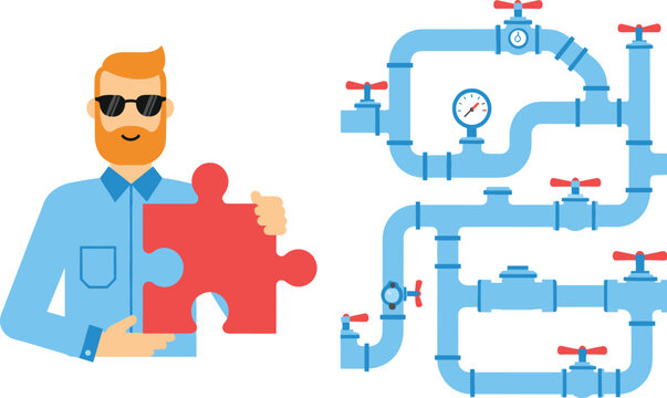 Problem solving concept vector with man holding puzzle piece and complex pipeline system for business process illustration design