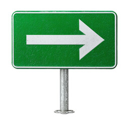 Green rectangular road sign with white arrow pointing right on pole, isolated on transparent background