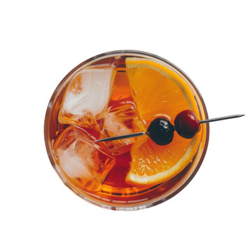 High angle view of a refreshing cocktail with ice, orange slice, and cherry isolated on white background
