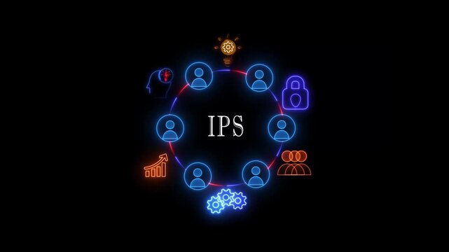Modern neon glowing illustration of IPS security system with interconnected people and business growth icons including target, light bulb, megaphone and money bag for cybersecurity and web development