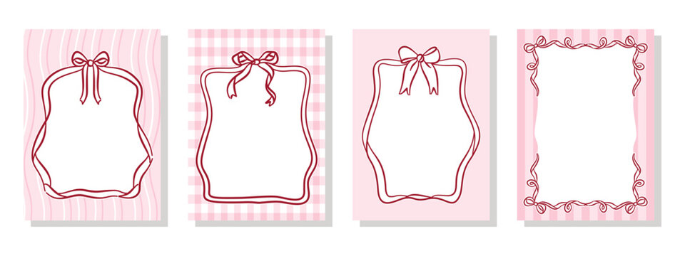 Hand drawn pink bow frames with ribbon borders on gingham and striped backgrounds. Cute stationery set for Valentine's Day card and invitations.