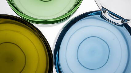 Colorful glass bowls with liquid green yellow and blue hues on white background - Ai Generated