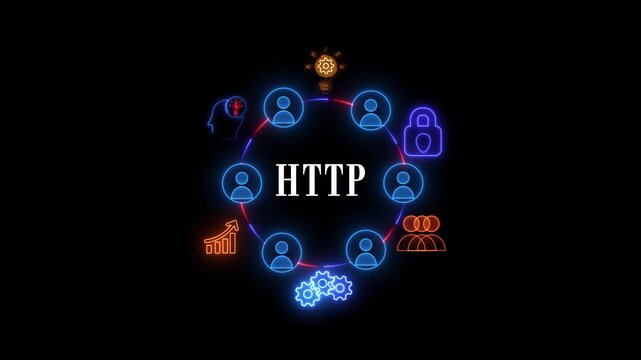 Modern neon glowing illustration of HTTP security system with interconnected people and business growth icons including target, light bulb, megaphone and money bag for cybersecurity and web 
