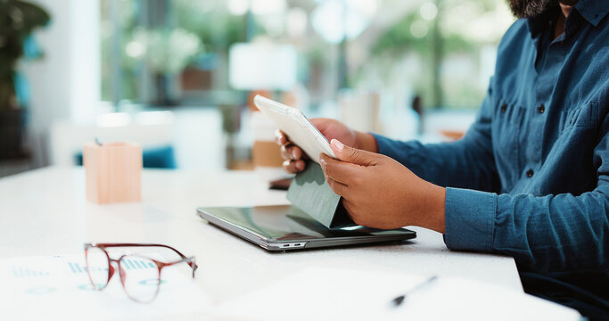 Man, hands and journalist with tablet for online news, reading ebook or digital article in home. Male person, writer or glasses with technology for web publish, research or copywriting in house