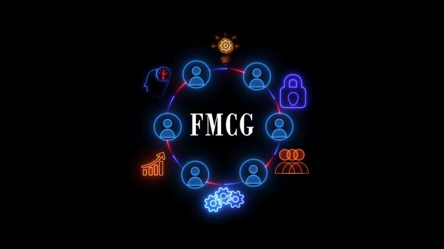 Modern neon glowing illustration of FMCG security system with interconnected people and business growth icons including target, light bulb, megaphone and money bag for cybersecurity and web 