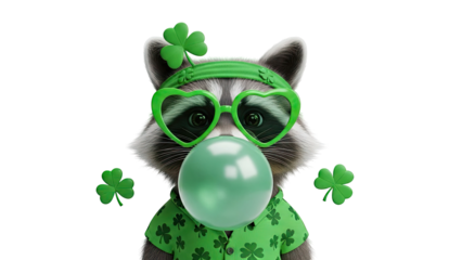 Raccoon with Heart-Shaped Glasses and Bubble Gum for St. Patrick's Day