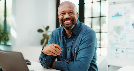 Happy, black man and portrait with analyst for company development, finance or revenue service. Mature, businessman or accountant with smile for statistics, analytics or performance review in office