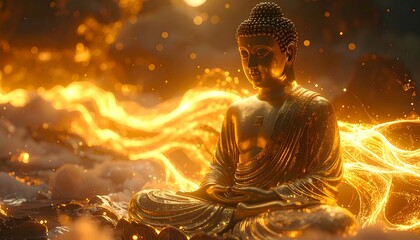 A golden figure sits in meditation, bathed in radiant, swirling light against a cloudy background, conveying serenity and enlightenment