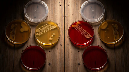Petri dishes with various agar gel cultures on wooden table microbiology lab setting with bacteria growth - Ai Generated