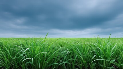 Fototapeta premium Lush Green Grass Field Under Dramatic Dark Clouds, Evoking Nature's Beauty and Tranquility, Perfect for Environmental and Outdoor Themes