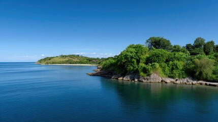 Naklejka premium Serene Coastal Landscape with Tranquil Blue Waters, Lush Greenery, and Clear Blue Skies Perfect for Nature Lovers and Adventure Seekers