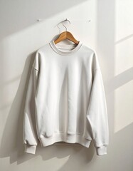 Minimalist White Crewneck Sweatshirt on Wooden Hanger with Sunlight