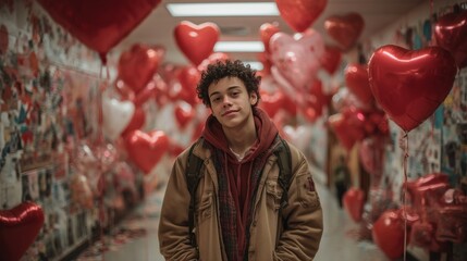 Portrait of smiling teenager standing in corridor near lockers