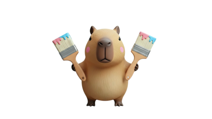 3D Capybara Holding Paint Brushes with Pink and Blue Paint