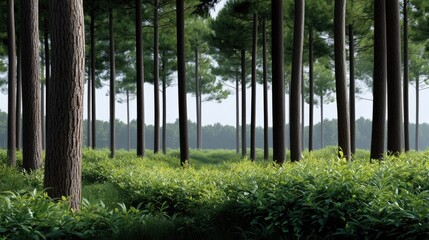 Naklejka premium Lush Green Forest with Tall Trees Surrounded by Vibrant Underbrush on a Bright Sunny Day in a Peaceful Natural Landscape Environment