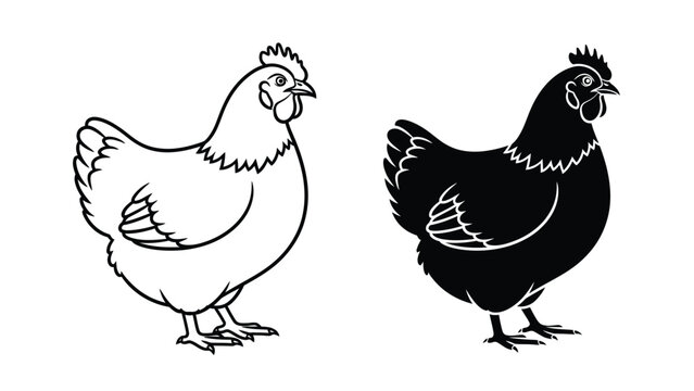 Stylized chicken and hen silhouettes in contrasting black and white graphics