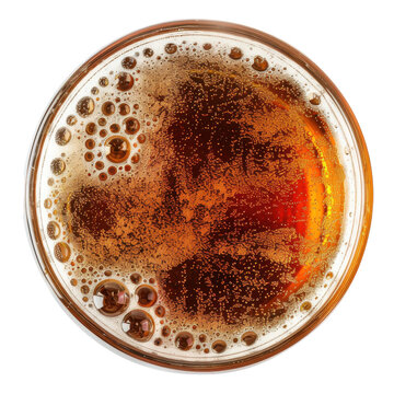 Effervescent amber liquid a top-down view of bubbling beer in a glass isolated on white background