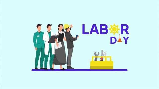 Animated video of goal labor day with workers. Labor Day concept. Full length animation illustration. High quality&nbsp;4k&nbsp;footage