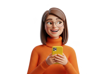 Happy young woman using mobile phone isolated on transparent background