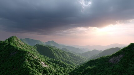 Fototapeta premium Breathtaking Landscape of Rolling Green Mountains Under Dramatic Cloudy Sky at Dawn Showcasing Natural Beauty and Tranquility in Nature