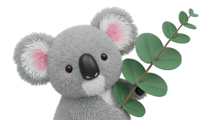 Cute 3D Koala holding eucalyptus leaves