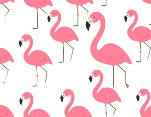 Obraz premium A flat design pattern showcasing multiple pink birds on a white background, creating a playful and summery aesthetic