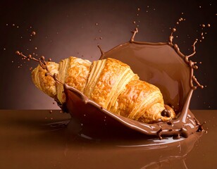 A golden, flaky pastry is captured mid-air as it interacts with a splash of rich, liquid chocolate, creating a dynamic visual