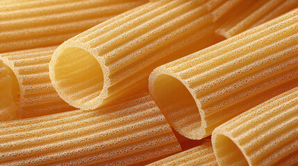Close-up shot of uncooked rigatoni pasta, highlighting the textured surface and cylindrical shape
