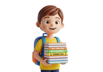 Young student holding books and wearing backpack isolated on transparent background
