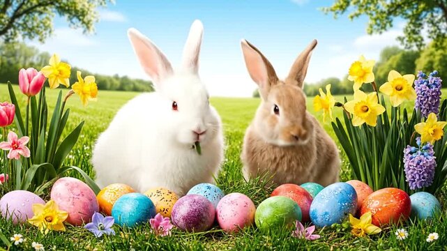 Cute Easter Bunnies with Colorful Eggs, Spring Holiday Illustration