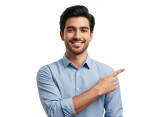 Smiling man pointing to the side with a friendly gesture isolated on transparent background