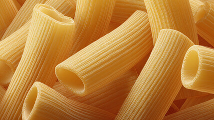 Close-up shot of uncooked rigatoni pasta, showcasing its ridged surface and cylindrical shape