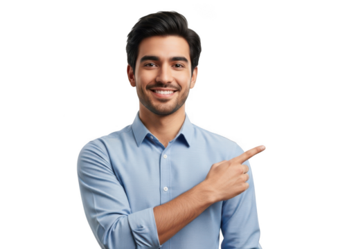 Smiling man pointing to the side with a friendly gesture isolated on transparent background - Powered by Adobe