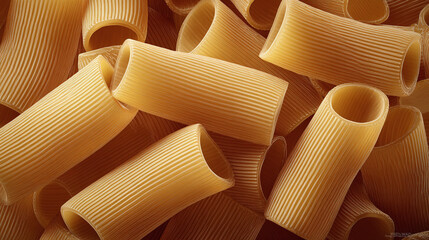 Close-up shot of uncooked rigatoni pasta, showcasing its shape and texture