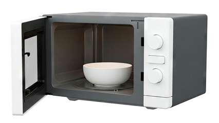 Modern Microwave Oven with Open Door and White Bowl Inside