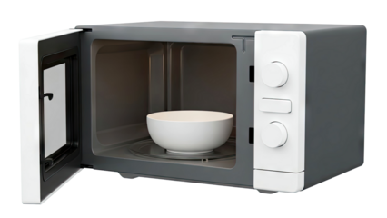 Modern Microwave Oven with Open Door and White Bowl Inside