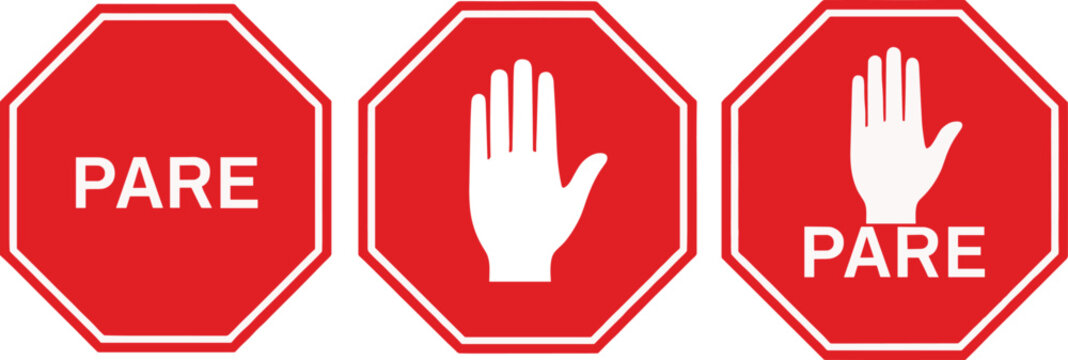 Red stop sign icons with hand symbol and pare text vector set for traffic safety warning design