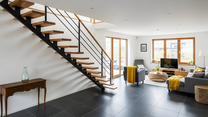 Modern living room with open staircase and natural light